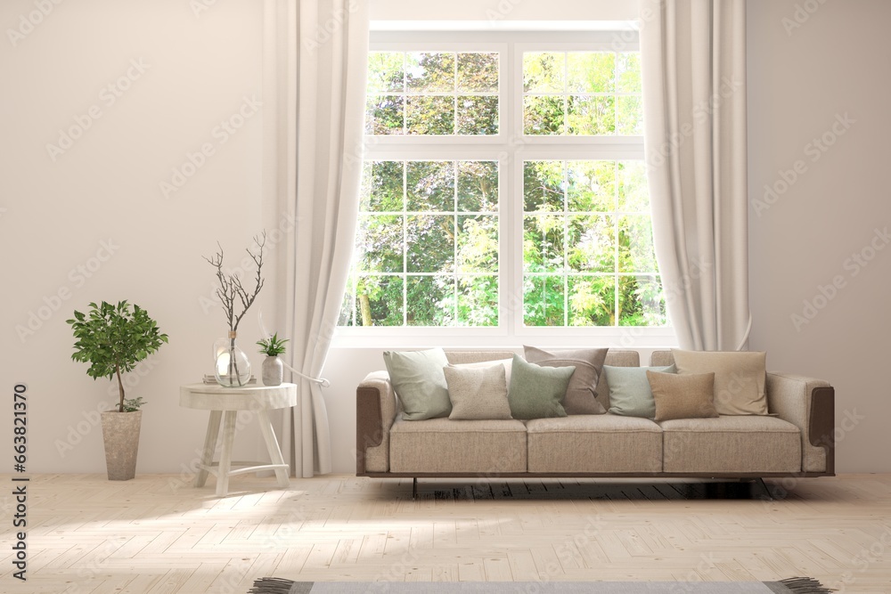 Bright interior design with modern furniture and summer landscape in window. 3D illustration Bright interior design with modern furniture and summer landscape in window. 3D illustration
