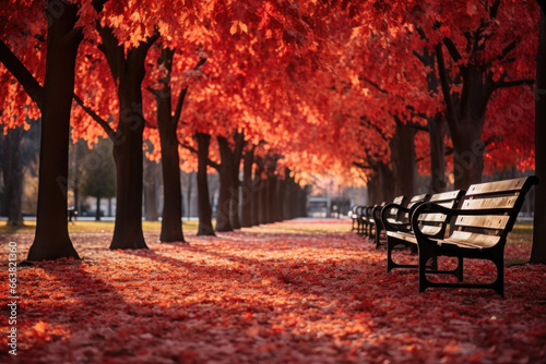 Benches in Park Under the Red Maples in Autumn
