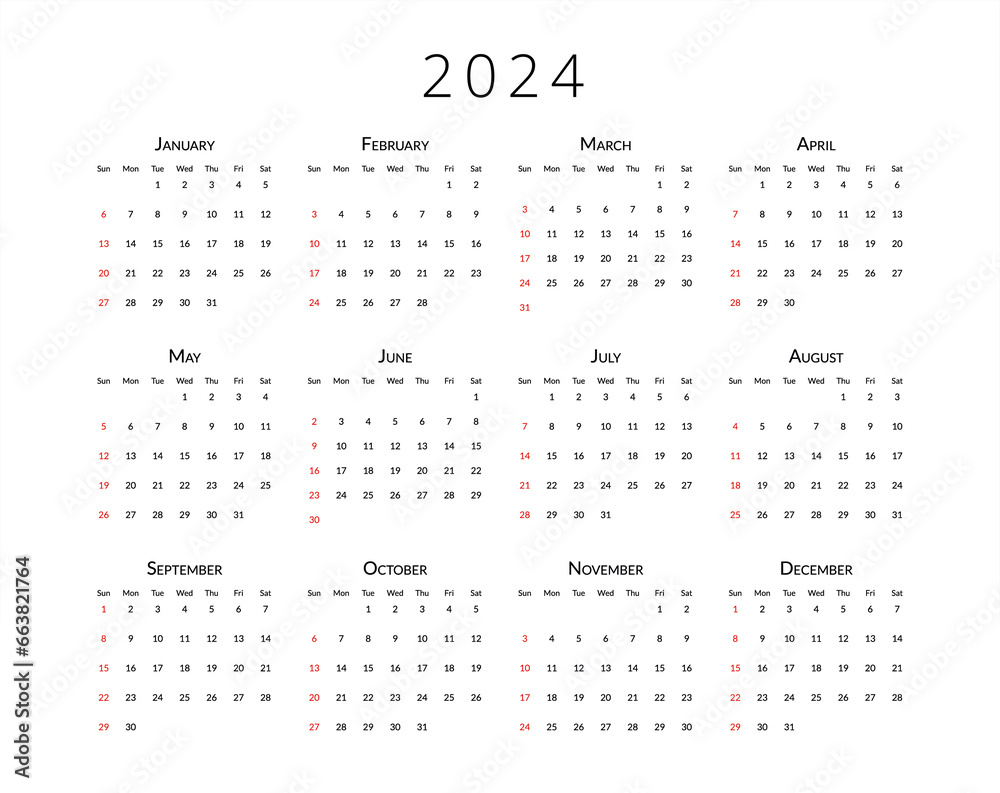 Print calendar template 2024 with months, weeks and dates. Planer design for personal and business use - obrazy, fototapety, plakaty 
