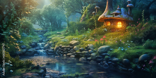 A small fairy tale house in dark fantasy forest, miniature woodland cottage made by gnomes and trolls © andreusK