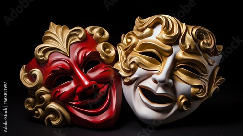 Theater-related Drama and comedy masks on a dark background. Created with Generative Ai technology. © Viktor