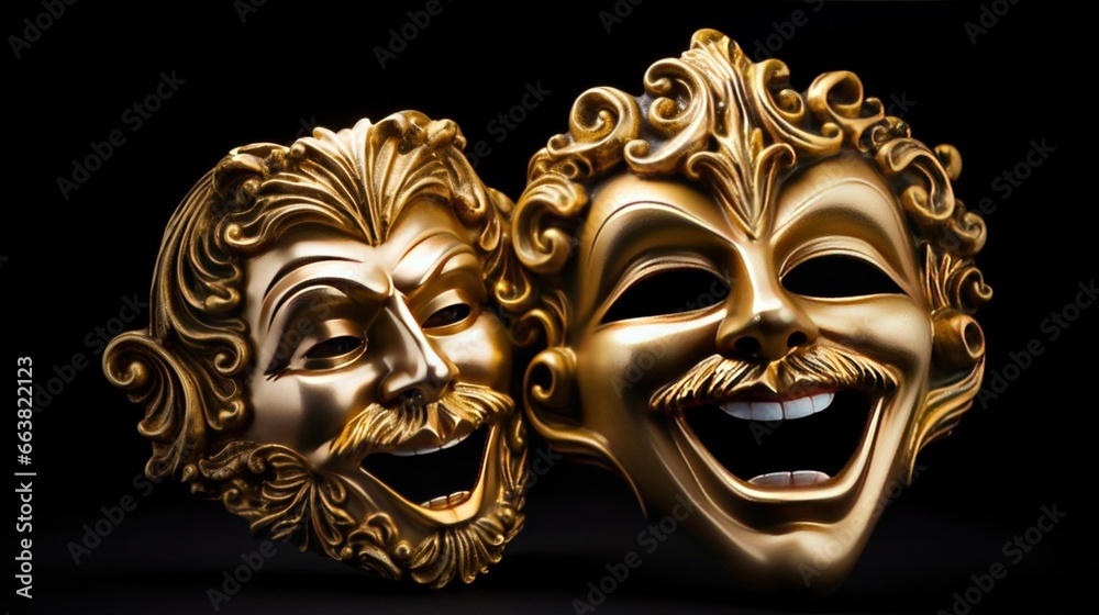 Theater-related Drama and comedy masks on a dark background. Created with Generative Ai technology. Theater-related Drama and comedy masks on a dark background. Created with Generative Ai technology.