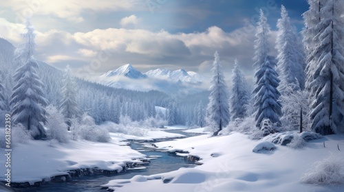 A serene winter landscape with frost-covered trees in a snowy setting.