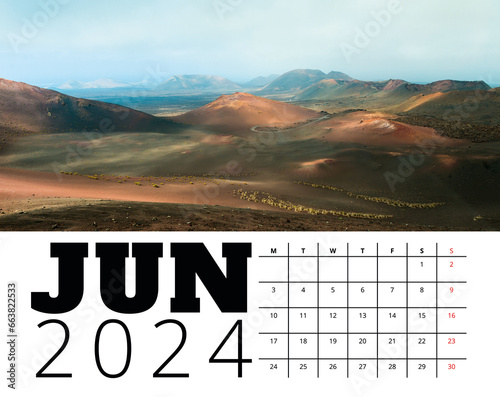 Print calendar template 2024 june month with Lanzarote volcano Timanfaya nature landscape illustration. Planer design for personal and business