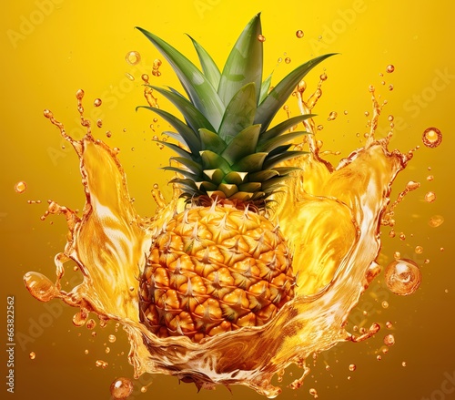 a fresh pineapple with splashes of water on a yellow background