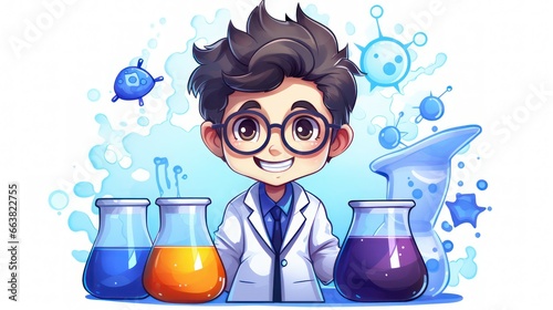 Character of a boy wearing glasses is learning to practice in a chemistry lab, decorated with chemical glass tubes