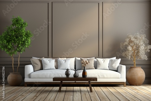 Luxurious empty living room with a sofa in a simple living room interior, creating a minimalist yet opulent design