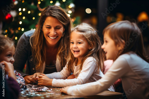 a group of friends and children sitting around a New Year s Eve table  a Christmas tree in the background. AI generativ.