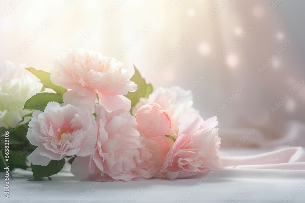Delicate rose flowers background. Light pastel pink blossom bouquet. Generate ai