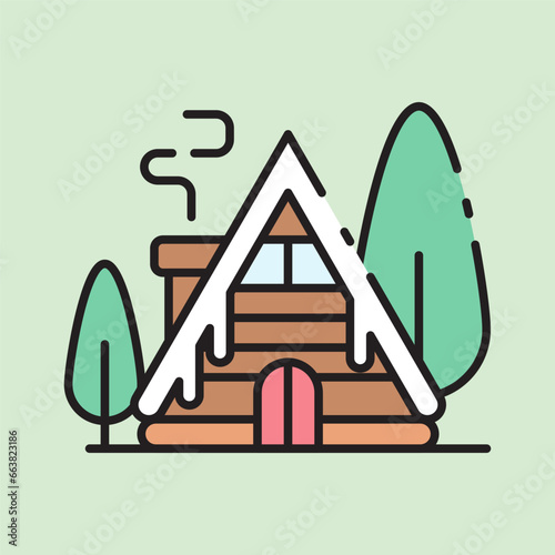 christmas cabin icon with lineal color style