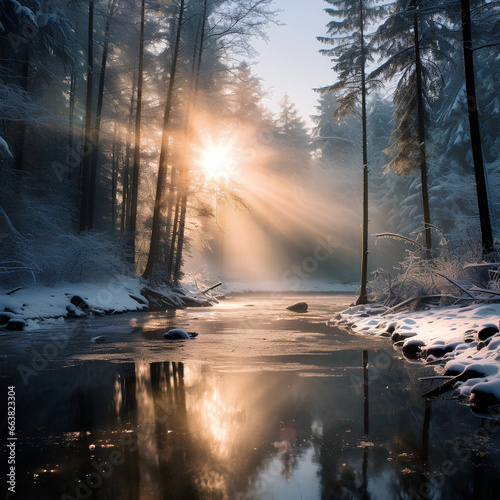 Morning winter landscape in the forest, picturesque nature . Photo created with generative AI technologies