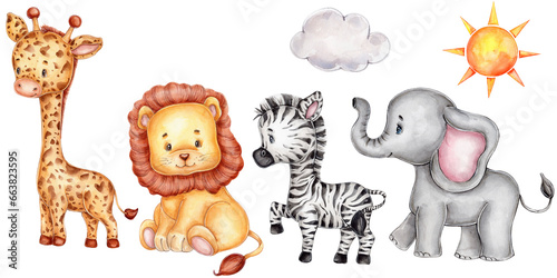Jungle animals: giraffe, lion, zebra, elephant  watercolor  hand drawn illustration © Нина Новикова