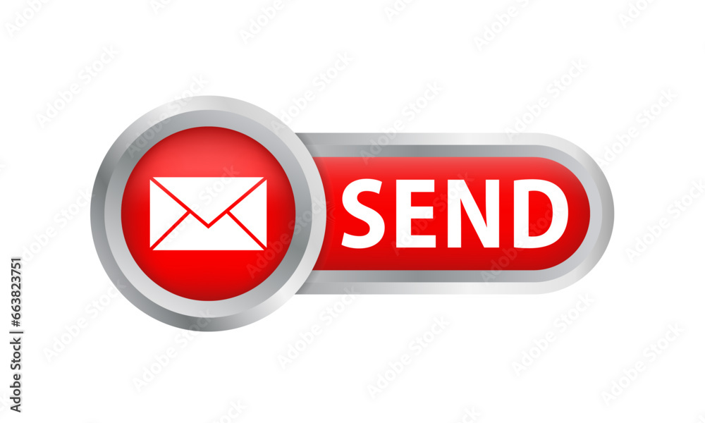 Send, mail button, 3d red glossy metallic. Social media concept. Vector on isolated white background. Vector illustration Send, mail button, 3d red glossy metallic. Social media concept. Vector on isolated white background. Vector illustration