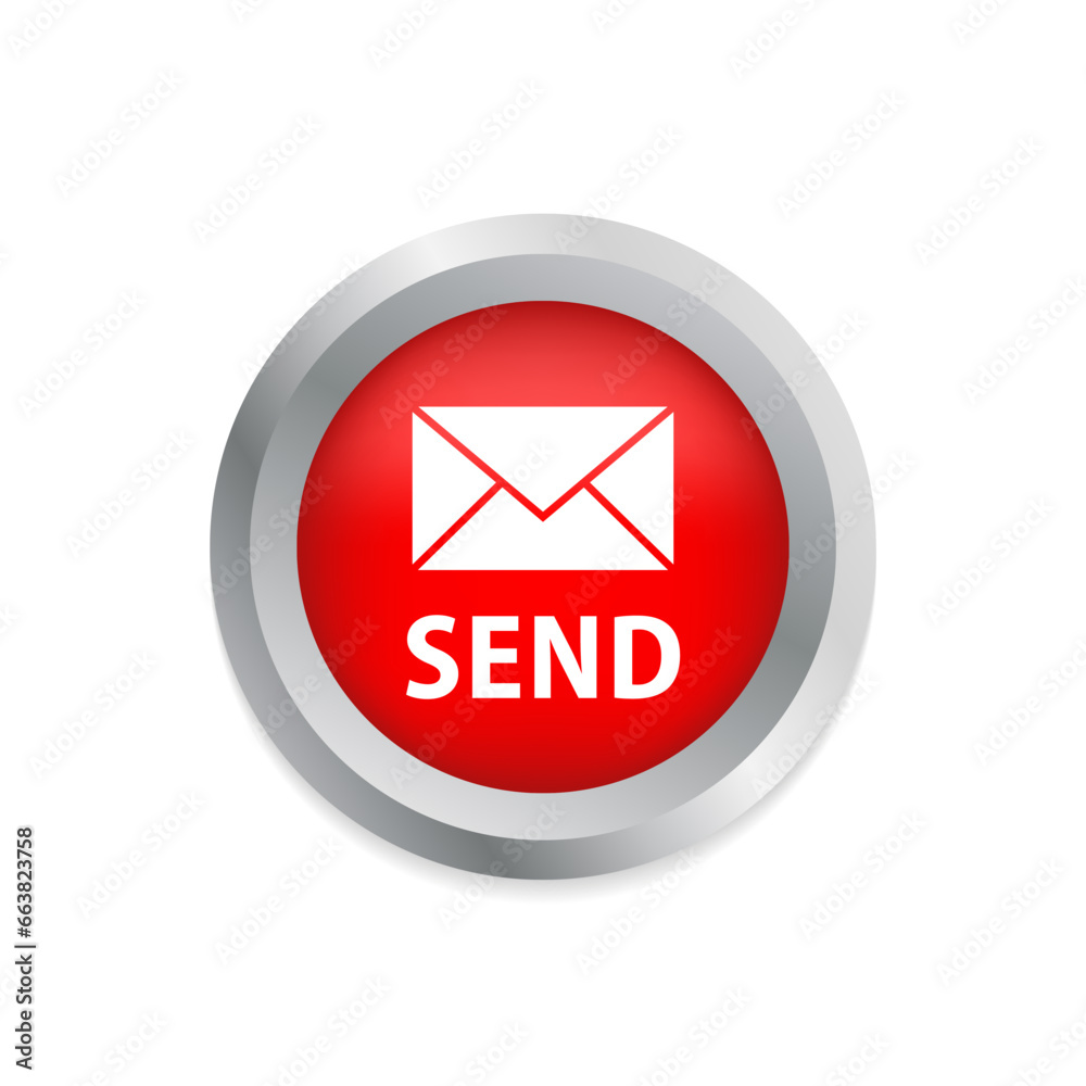 Send, mail button, 3d red glossy metallic. Social media concept. Vector on isolated white background. Vector illustration Send, mail button, 3d red glossy metallic. Social media concept. Vector on isolated white background. Vector illustration