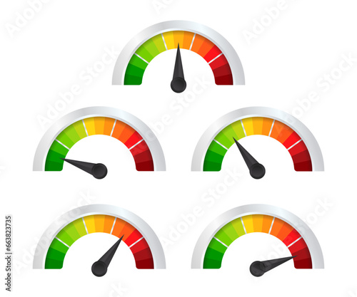 Realistic Detailed 3d Level Indicator Set on a White. Vector illustration of Color Dial Rating Meter Indicators. Fast speed sign. Vector illustration