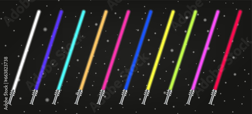 Φωτογραφία Blue, red, green, pink and yellow laser sword lightsaber set isolated on starry black galaxy background