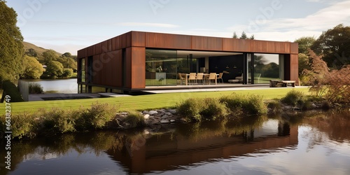 AI Generated. AI Generative. Modern wood house building cabin style with huge windows. Architecture hotel witn nature outdoor landscape around. Graphic Art