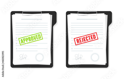 Flat approved rejected document for report design. Approved stamp green and Rejected stamp red, with grunge style. Vintage. Vector illustration