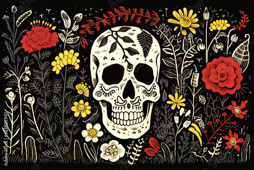 a woodcut of a skull and flowers, in the style of woodcut and linocut, primitive imagery, holotone printing, whimsical narratives photo