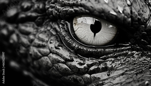 a black & white close shot, eye of an alligator  © Badass Prodigy