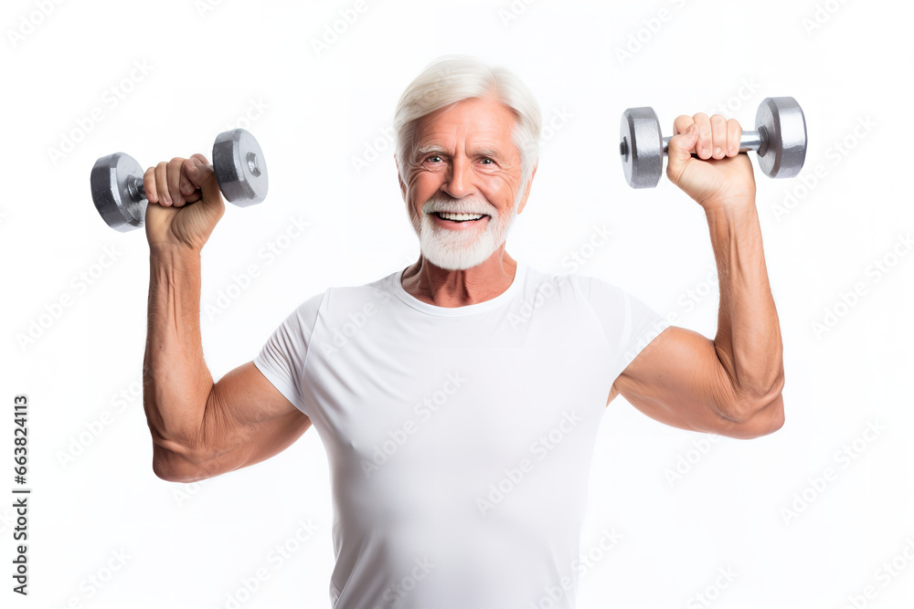 An elderly man is using free weights to build arm strength with guidance from a physical therapist clear white background An elderly man is using free weights to build arm strength with guidance from a physical therapist clear white background