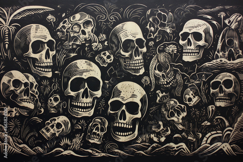a woodcut of skulls moody high contrast, in the style of woodcut and linocut, primitive imagery, holotone printing, whimsical narratives photo