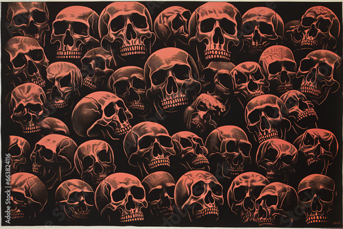 a woodcut of skulls moody high contrast, in the style of woodcut and linocut, primitive imagery, holotone printing, whimsical narratives