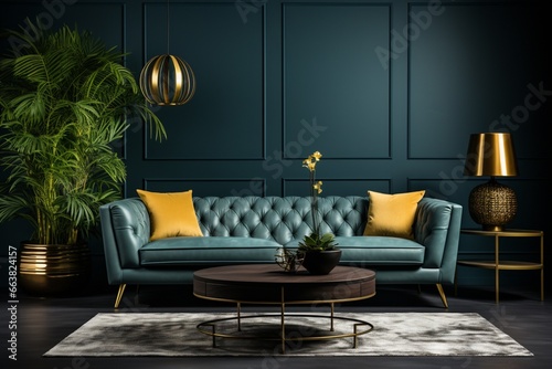 Luxurious modern living room interior with a sofa and green plants, lamp, and a table on a dark blue wall background, offering a rich and sophisticated setting