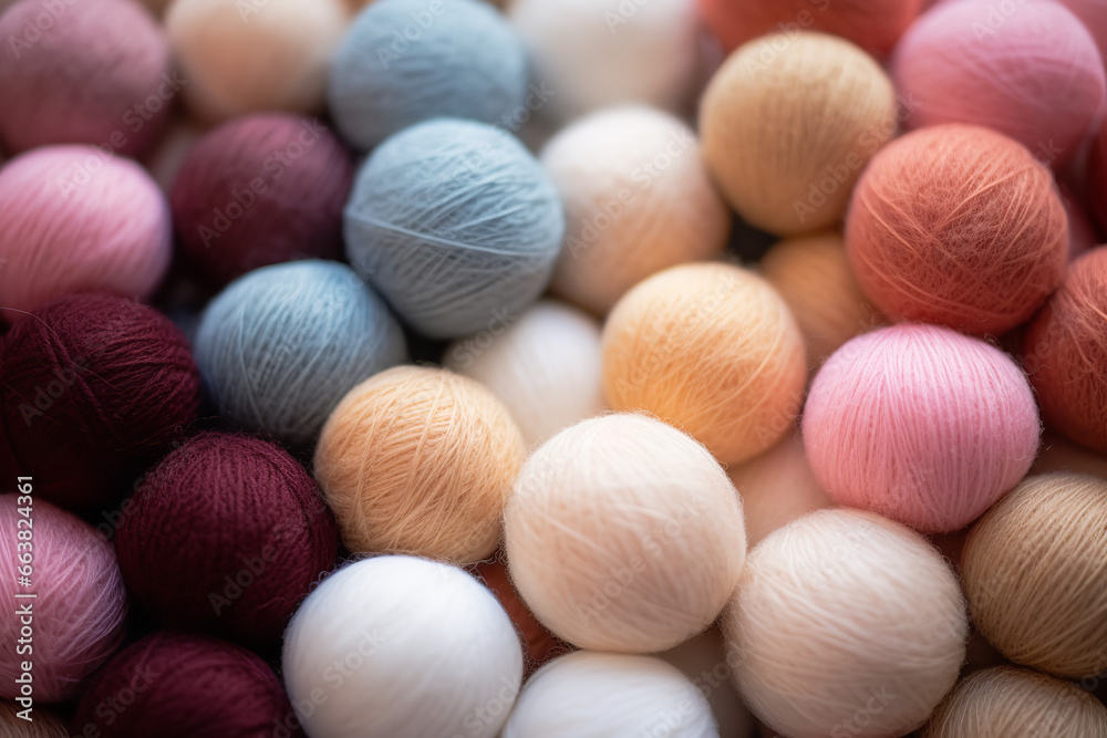 Different color wool balls on texture background, closeup view