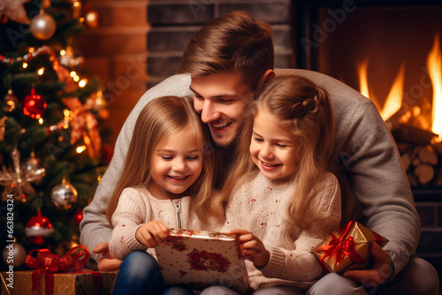 Family sitting by the fireplace  Christmas tree standing next to it. Children enjoying colourful presents. AI generativ.