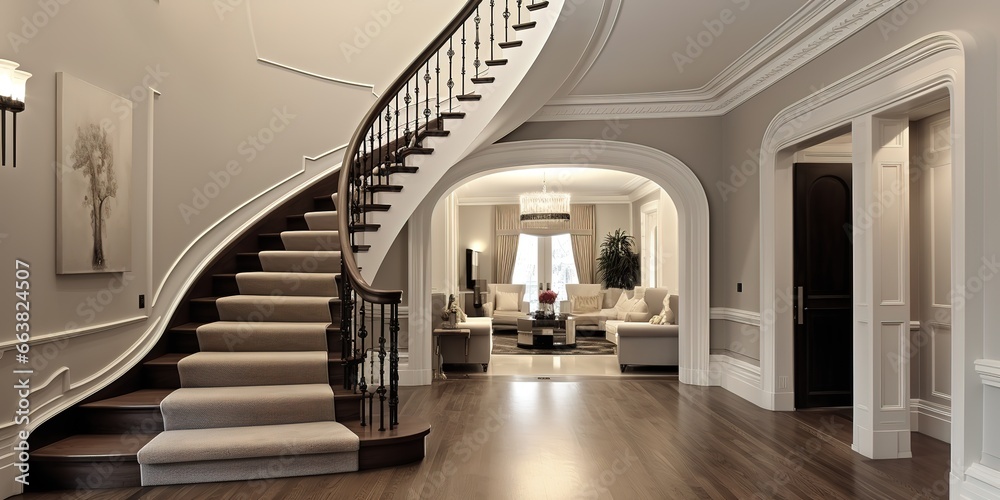 a room with a circular staircase, giving the impression of luxury, simple, elegant a room with a circular staircase, giving the impression of luxury, simple, elegant