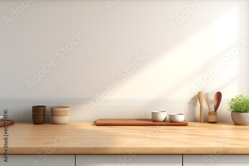 Minimal cozy counter background with bright wood counter white Set of utensils in the kitchen 