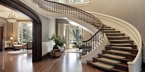 a room with a circular staircase, giving the impression of luxury, simple, elegant