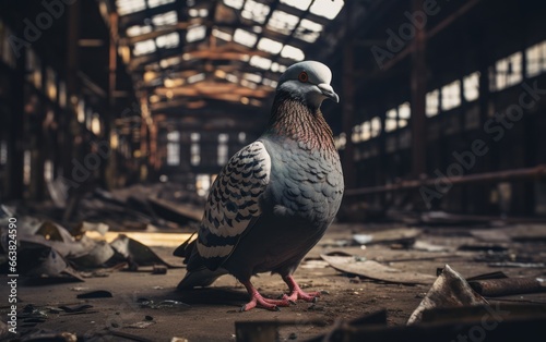 photo of a pigeon in a abandoned factory