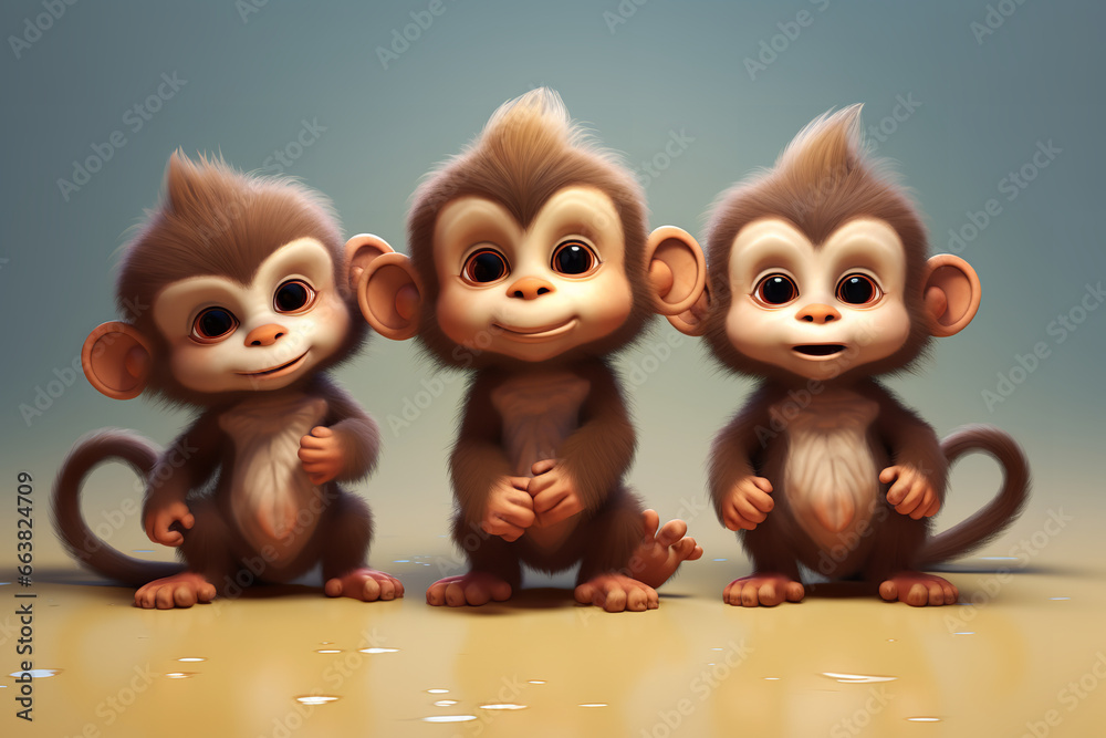 Obraz premium super cute, animals, monkey, chibi style
