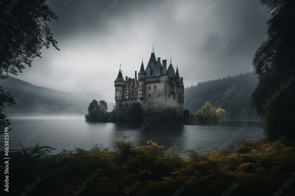 A castle with a lake, dark sky, clouds, and fogs. Generative AI