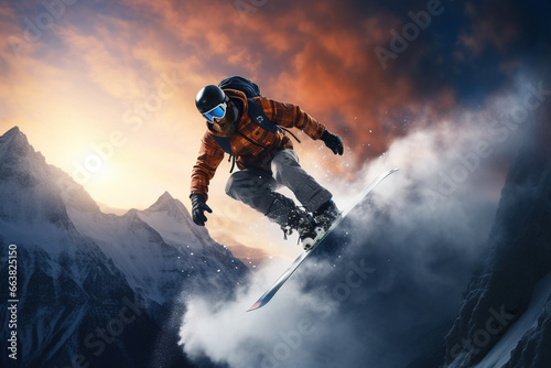 A man on a snowboard is in the air in the mountains