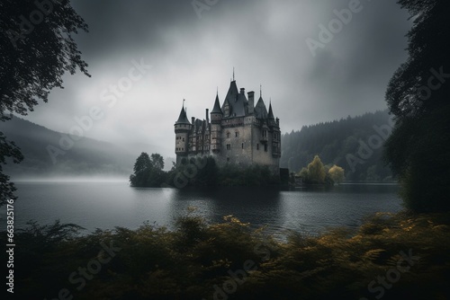 A castle with a lake, dark sky, clouds, and fogs. Generative AI