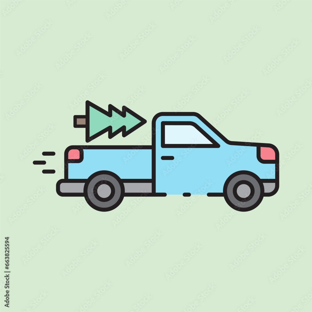 christmas pickup truck icon with lineal color style