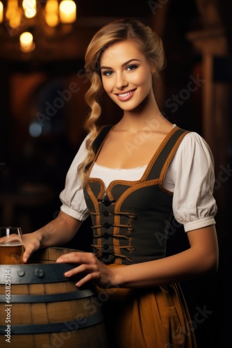 Octoberfest waitress with beer and barrel on bar background. AI Generated