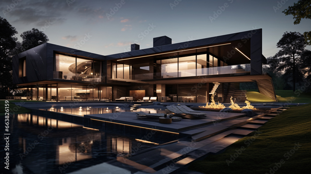Modern house with swimming pool at sunset. Luxury villa Modern house with swimming pool at sunset. Luxury villa