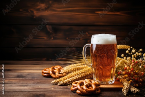 Cold lager beer in glass with wheat and hops on dark wood background top view with copy space. AI Generated