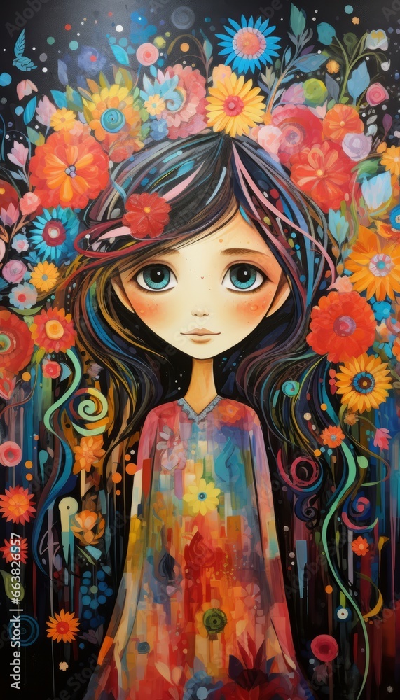 Fototapeta premium Whimsical Boho Rainbow Art: A retro-inspired painting with a burst of vibrant rainbow colours.