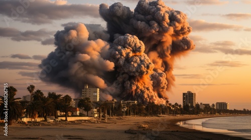 Canvas Print Smoke rises from burning bomb-damaged buildings