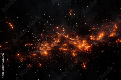 3d illustration of explosion of coal in space, computer generated abstract background, Fire embers particles over black background, AI Generated