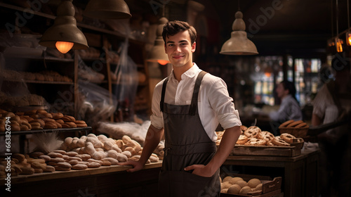 Happy salesman working at the bakery