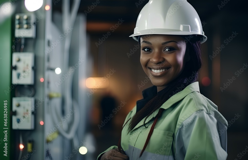 Smiling African electrician woman in uniform and helmet. Smiling African electrician woman in uniform and helmet.