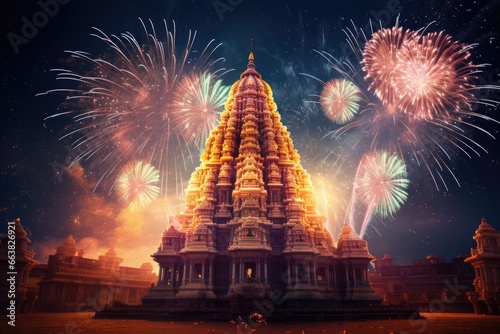 Fireworks over hindu temple in Kathmandu, Nepal, fireworks above a Hindu temple during Diwali or Deepavali, AI Generated © Iftikhar alam