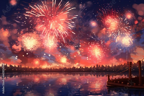 Fireworks over the city at night with a boat in the foreground, fireworks in the sky, AI Generated