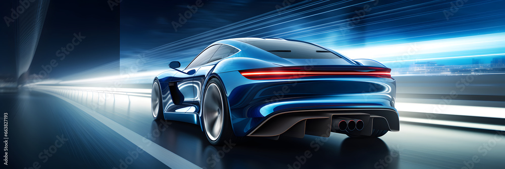 Rear view of blue sports car high speed in turn Blue - obrazy, fototapety, plakaty 